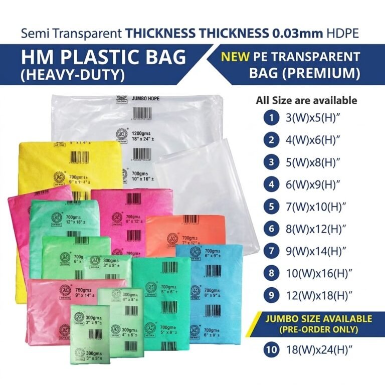 Product chart for heavy-duty HM plastic bags and transparent PE bags, displaying stacked colorful packaging in various dimensions alongside a numbered size guide from 3x5 inches up to 18x24 inches