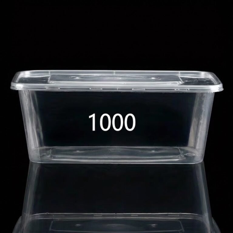 A clear plastic rectangular food container with lid labeled "1000" in white text, centered against a solid black background.